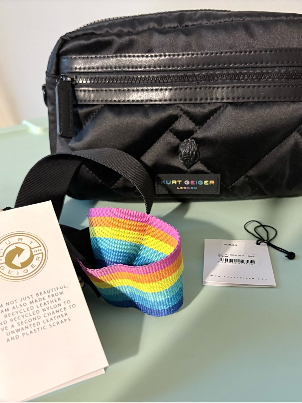 Kurt Geiger Black Quilted  Crossbody with Rainbow Strap